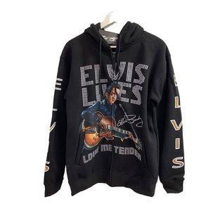 Vtg Elvis Presley Black Hoodie Sweatshirt Size Large Full Zip Pockets The King